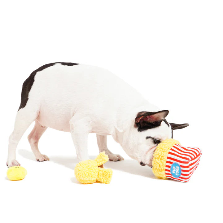 Popcorn Bucket Dog Toy – Interactive Nosework & Squeaky Plush for Small and Medium Dogs