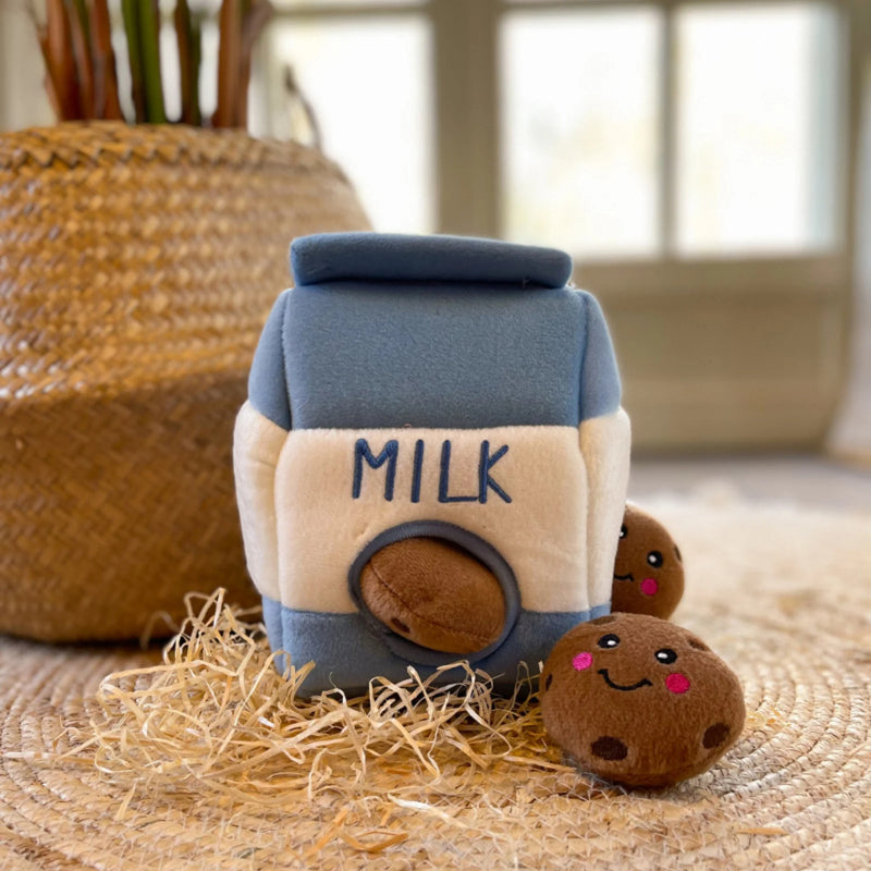 Milk & Cookies Snuffle Dog Toy – Plush Squeaky Treat-Dispensing Chew Toy