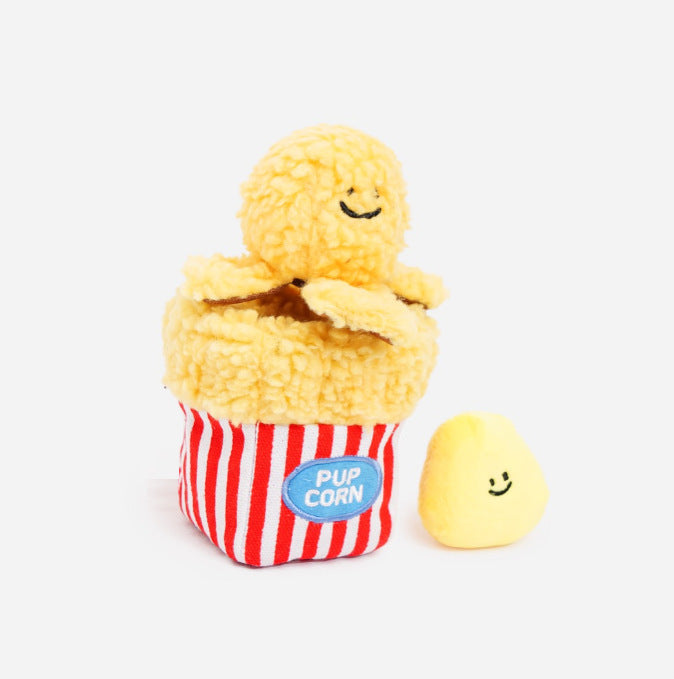 Popcorn Bucket Dog Toy – Interactive Nosework & Squeaky Plush for Small and Medium Dogs