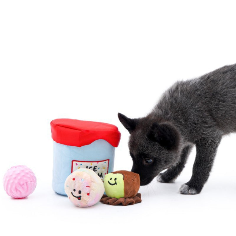 Ice Cream Bucket Dog Toy Set – Interactive Plush with Luminous Ball & Hidden Treat Pockets