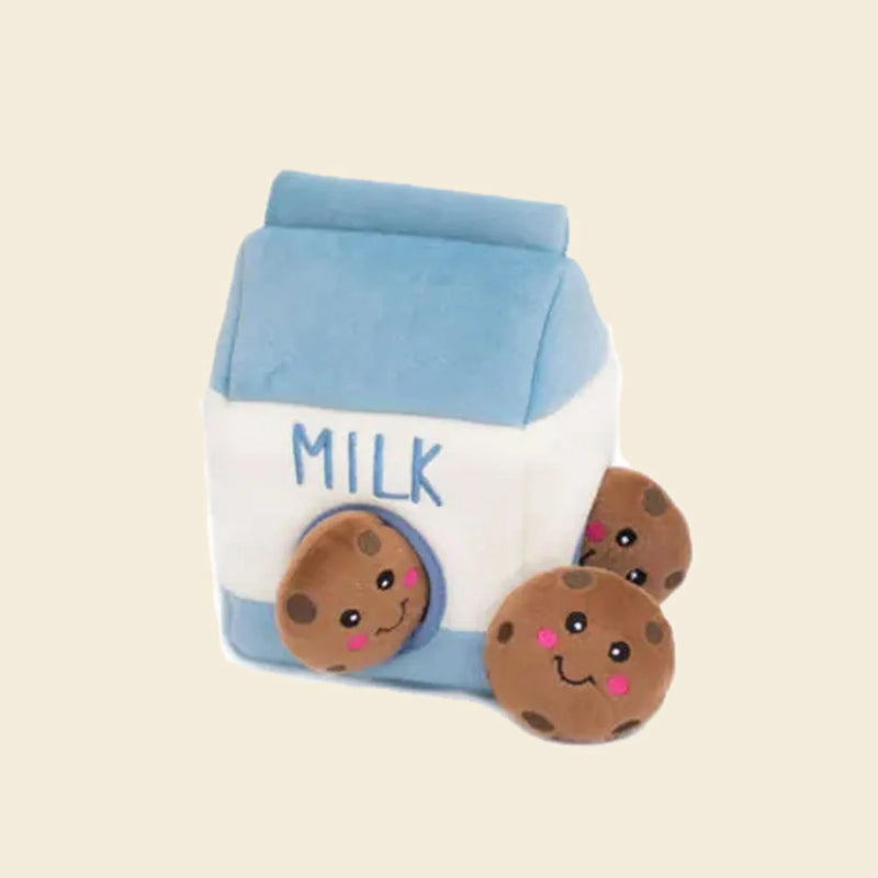 Milk & Cookies Snuffle Dog Toy – Plush Squeaky Treat-Dispensing Chew Toy