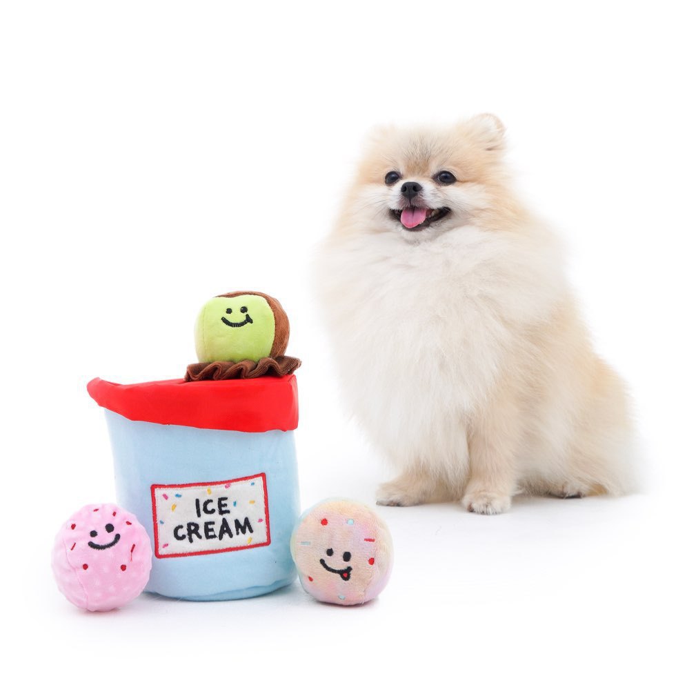 Ice Cream Bucket Dog Toy Set – Interactive Plush Crinkle Chew Toys with Luminous Ball & Hidden Treat Pocket