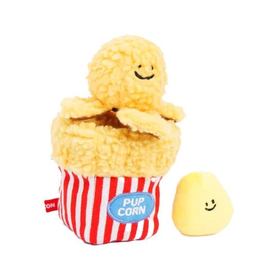 Popcorn Bucket Dog Toy – Interactive Nosework & Squeaky Plush Fun