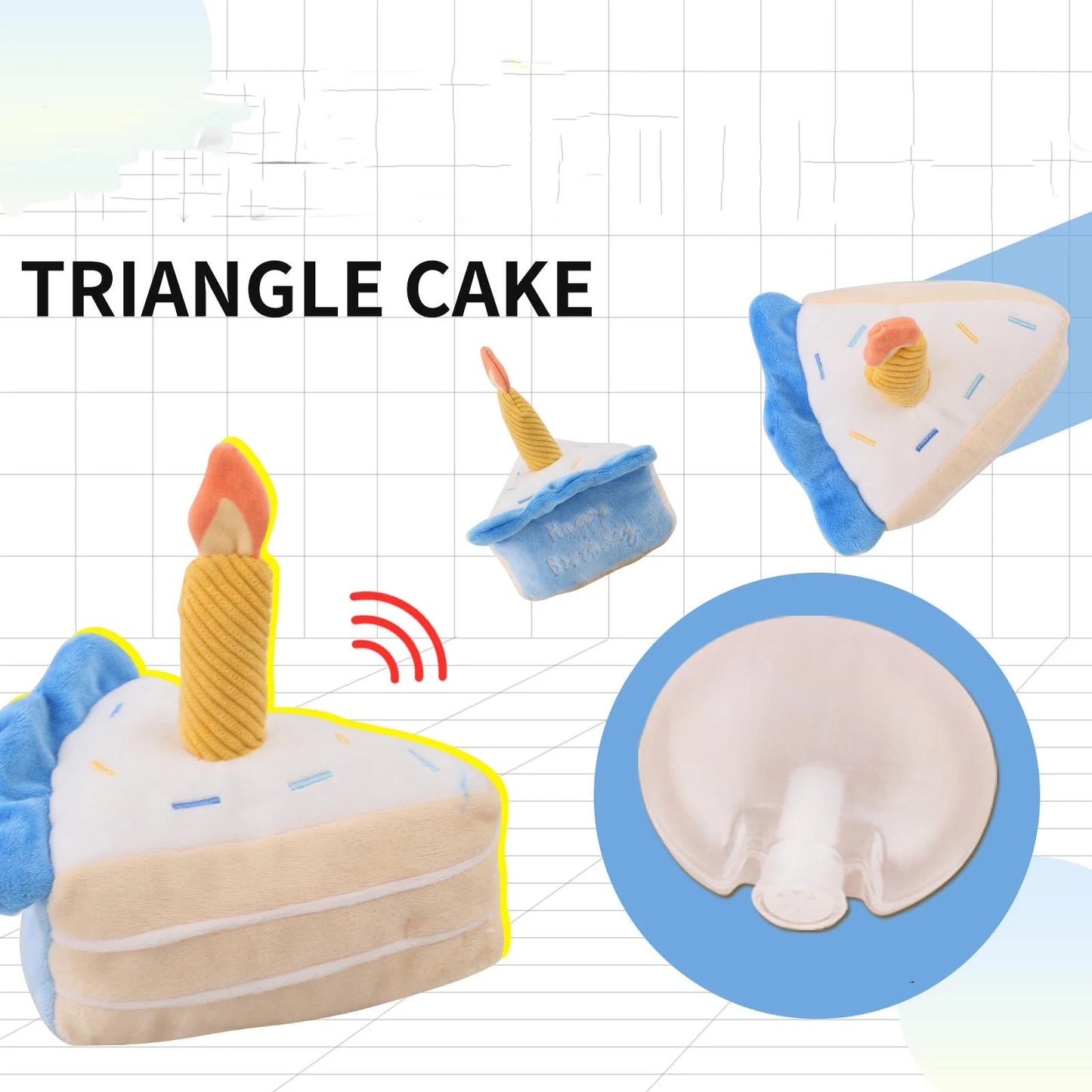 Juguete de peluche para perro con forma de pastel de cumpleaños que chirría: rebanada suave y masticable con sonido crujiente para cachorros juguetones.