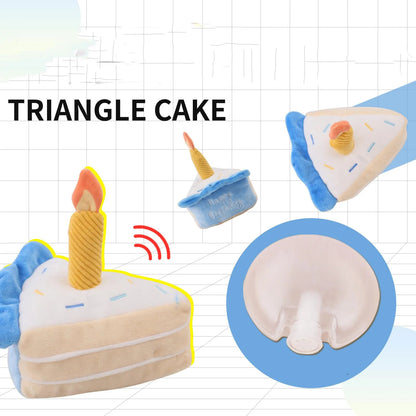 Juguete de peluche para perro con forma de pastel de cumpleaños que chirría: rebanada suave y masticable con sonido crujiente para cachorros juguetones.