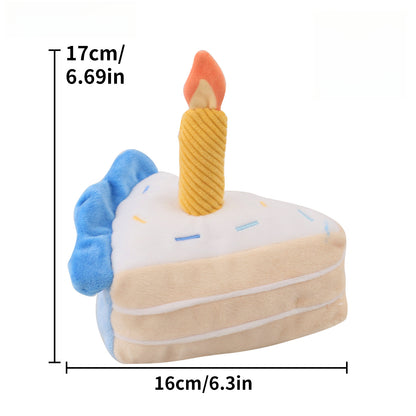 Juguete de peluche para perro con forma de pastel de cumpleaños que chirría: rebanada suave y masticable con sonido crujiente para cachorros juguetones.