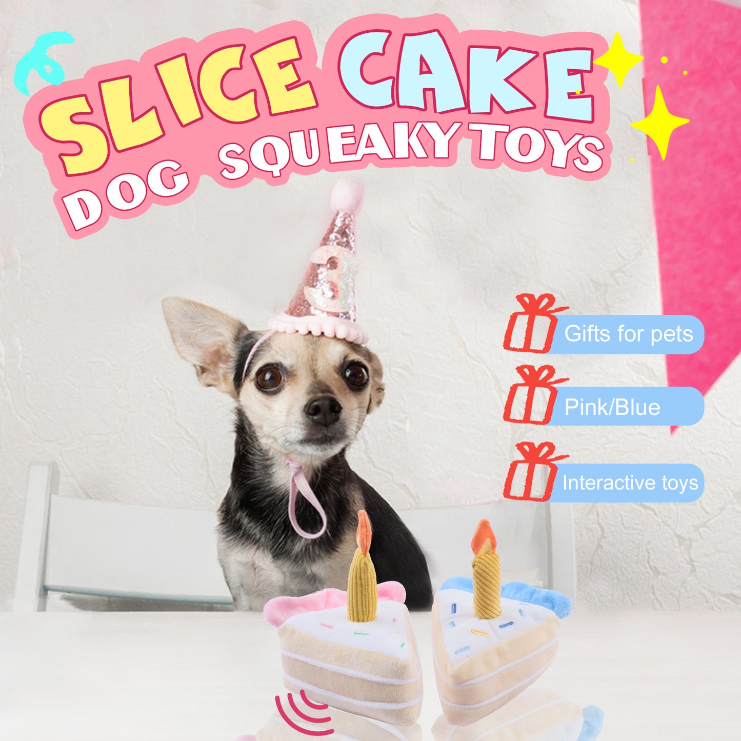 Juguete de peluche para perro con forma de pastel de cumpleaños que chirría: rebanada suave y masticable con sonido crujiente para cachorros juguetones.