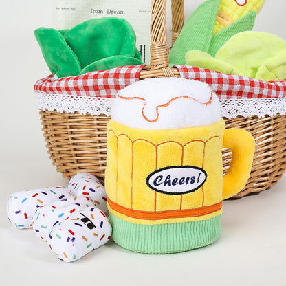 Juguete de peluche para perro en forma de jarra de cerveza: juguete olfateador con bolsillo para premios y sonidos crujientes