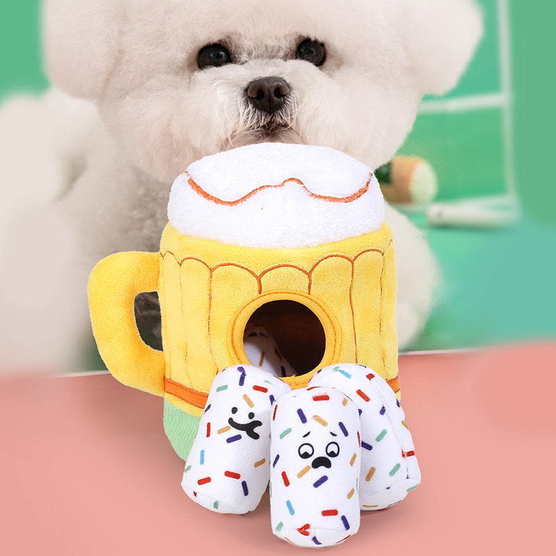 Juguete de peluche para perro en forma de jarra de cerveza: juguete olfateador con bolsillo para premios y sonidos crujientes