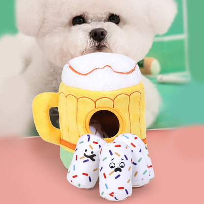 Juguete de peluche para perro en forma de jarra de cerveza: juguete olfateador con bolsillo para premios y sonidos crujientes