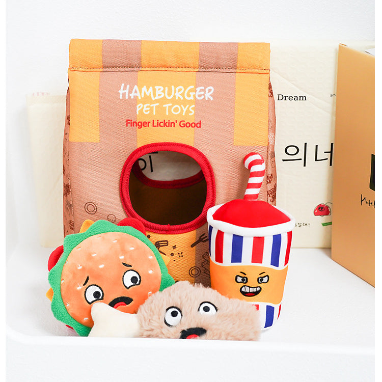 Fun Potato Chips & Burger Crinkle Dog Chew Toy Set – Chew, Squeak & Snack!