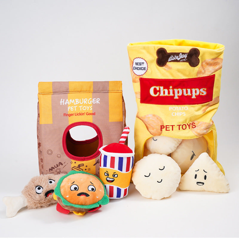 Fun Potato Chips & Burger Crinkle Dog Chew Toy Set – Chew, Squeak & Snack!