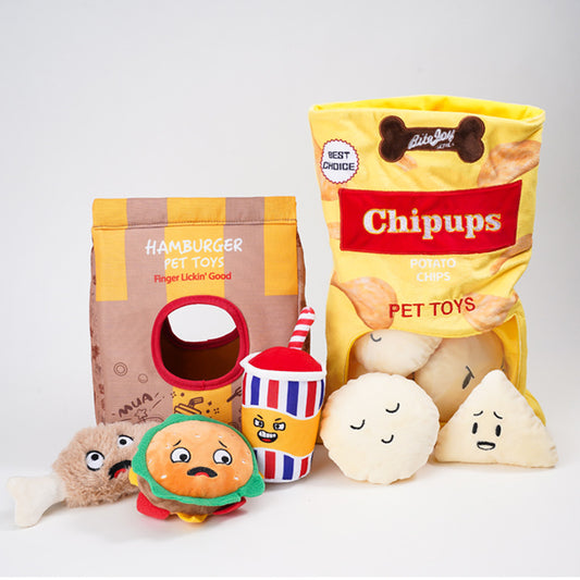 Fun Potato Chips & Burger Crinkle Dog Chew Toy Set – Chew, Squeak & Snack!
