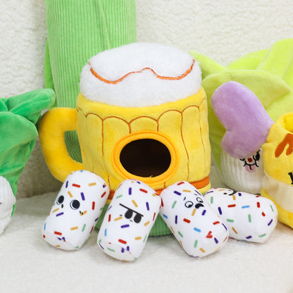 Juguete de peluche para perro en forma de jarra de cerveza: juguete olfateador con bolsillo para premios y sonidos crujientes