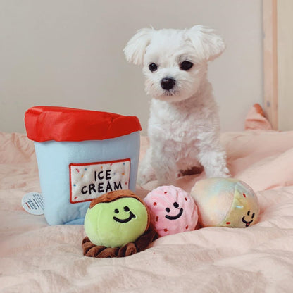 Ice Cream Bucket Dog Toy Set – Interactive Plush Crinkle Chew Toys with Luminous Ball & Hidden Treat Pocket