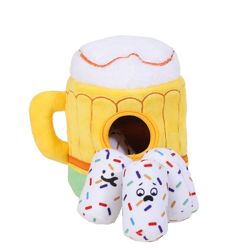 Juguete de peluche para perro en forma de jarra de cerveza: juguete olfateador con bolsillo para premios y sonidos crujientes