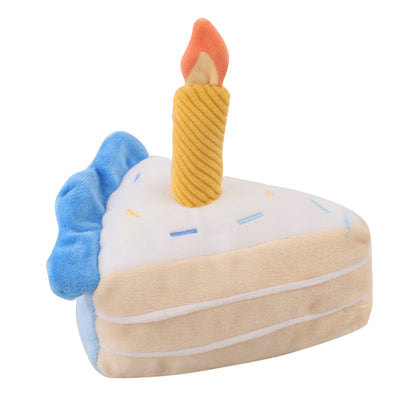 Juguete de peluche para perro con forma de pastel de cumpleaños que chirría: rebanada suave y masticable con sonido crujiente para cachorros juguetones.