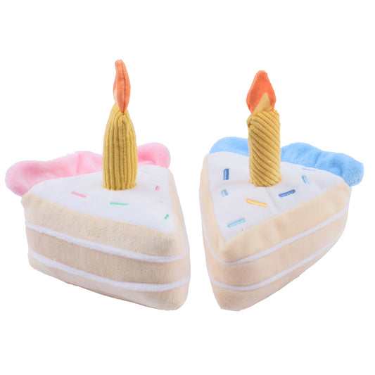 Plush Birthday Cake Squeaky Dog Toy – Soft & Chewable Slice with Crinkle Sound for Playful Pups