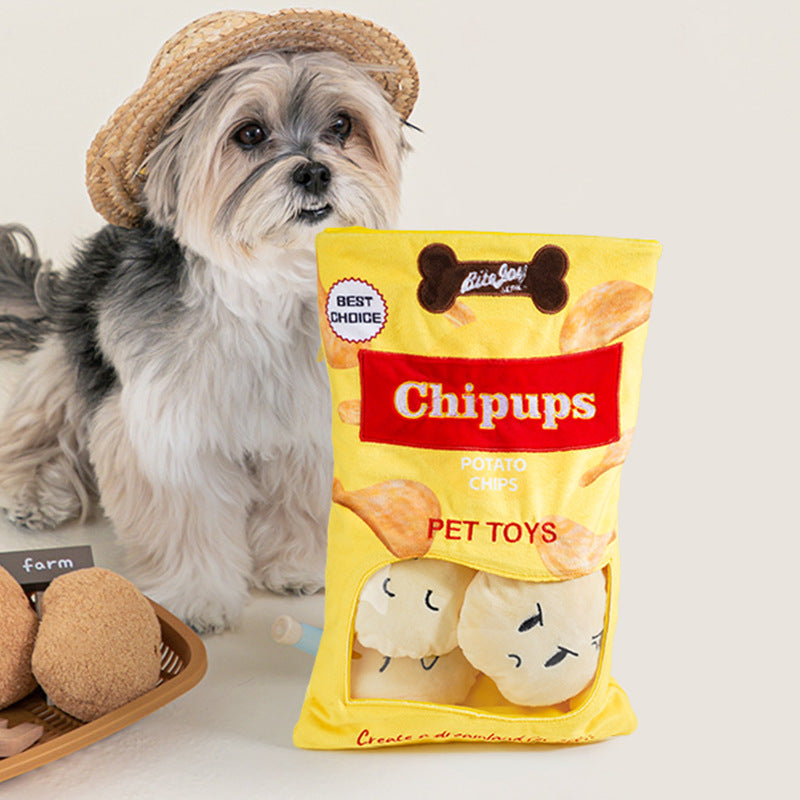 Fun Potato Chips & Burger Crinkle Dog Chew Toy Set – Chew, Squeak & Snack!
