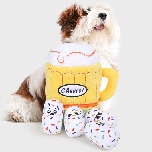 Plush Beer Mug Dog Toy – Snuffle Toy with Treat Pocket & Crinkle Sounds
