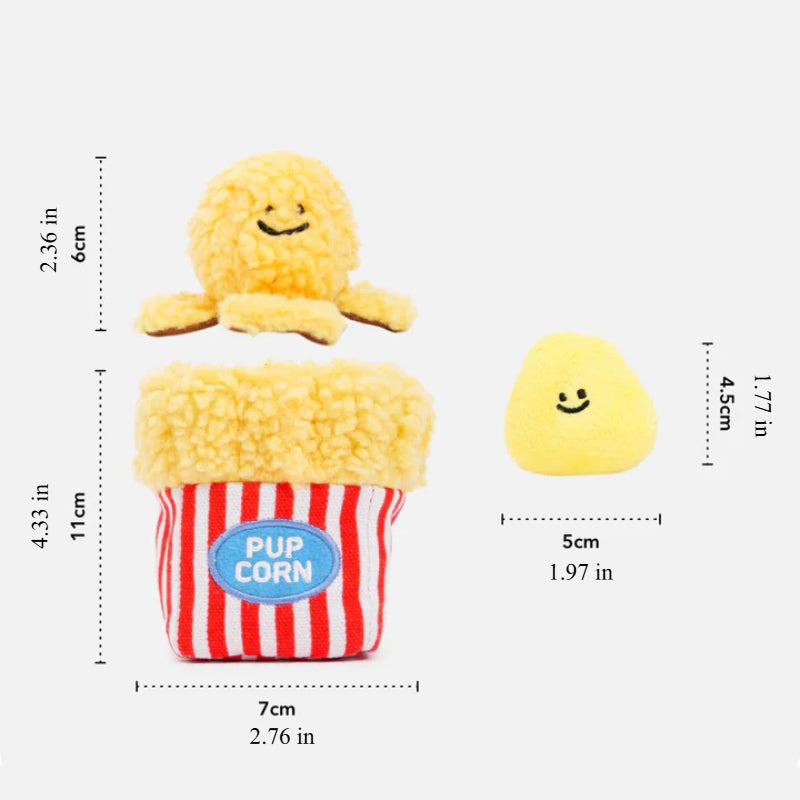 Popcorn Bucket Dog Toy – Interactive Nosework & Squeaky Plush Fun