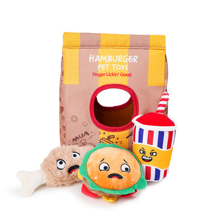 Fun Potato Chips & Burger Crinkle Dog Chew Toy Set – Chew, Squeak & Snack!