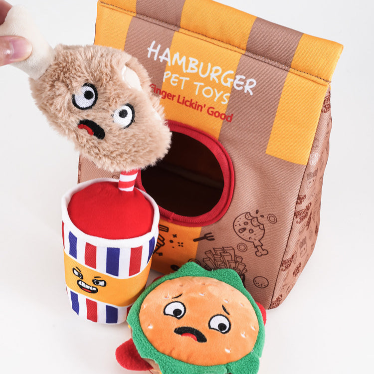 Fun Potato Chips & Burger Crinkle Dog Chew Toy Set – Chew, Squeak & Snack!