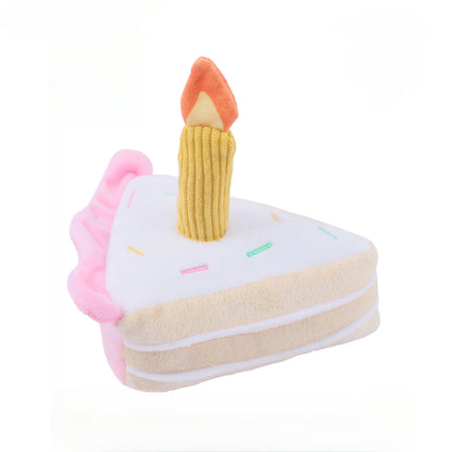 Juguete de peluche para perro con forma de pastel de cumpleaños que chirría: rebanada suave y masticable con sonido crujiente para cachorros juguetones.