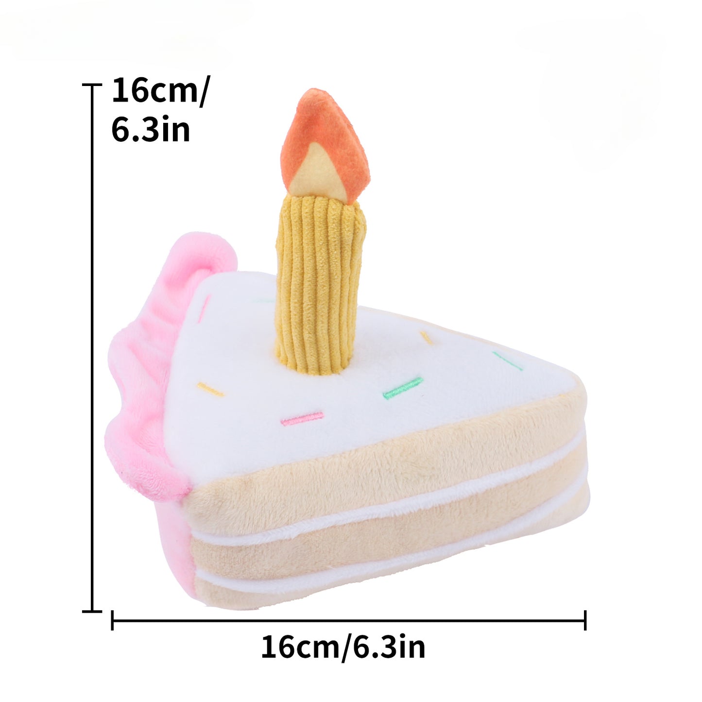 Juguete de peluche para perro con forma de pastel de cumpleaños que chirría: rebanada suave y masticable con sonido crujiente para cachorros juguetones.